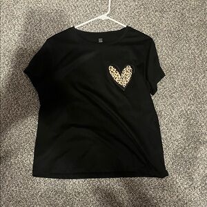Black T-Shirt with Leopard Heart Patch